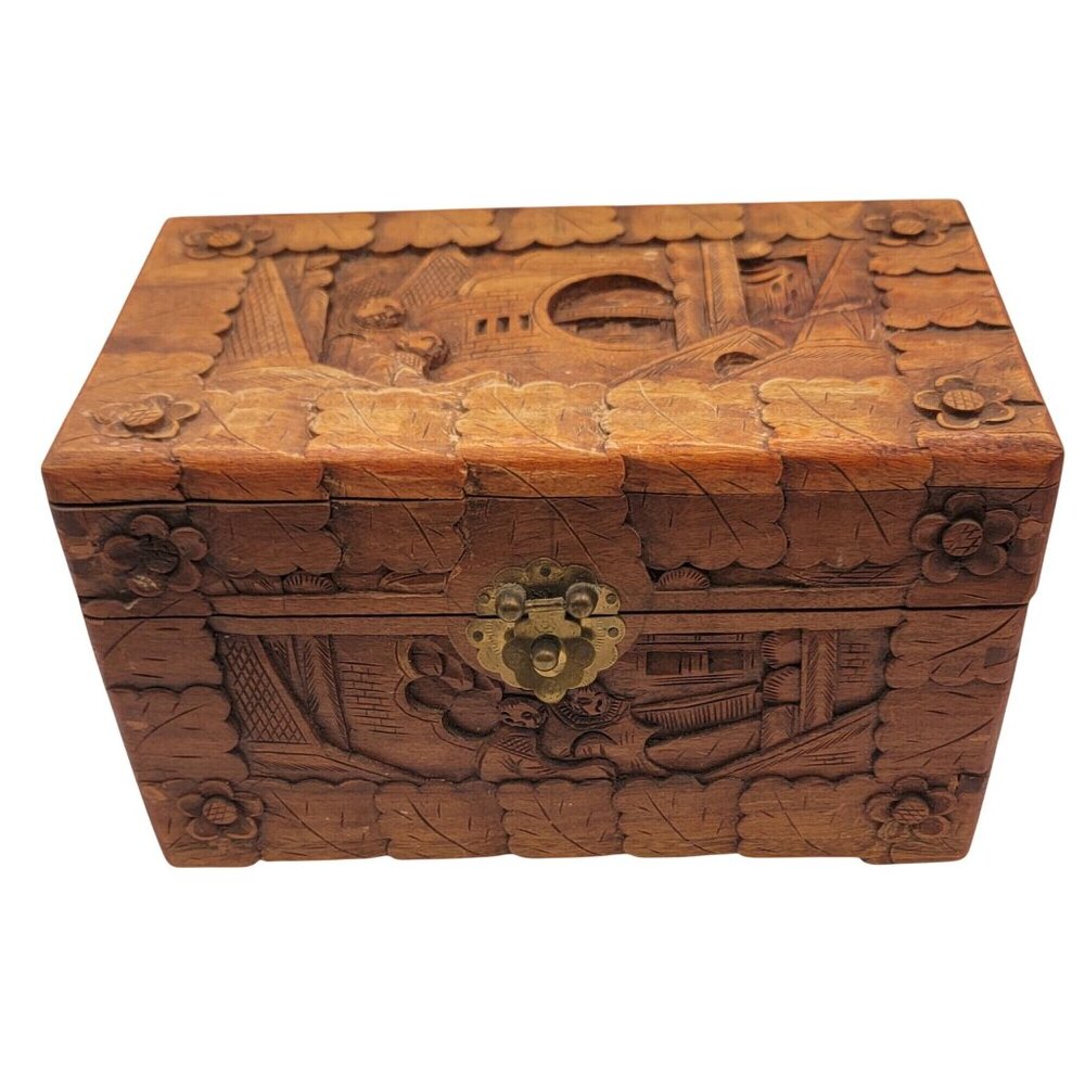 Vintage Chinese Camphor Wood Hand Carved Hinged Box 10X6X6